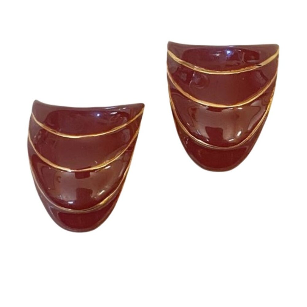 Vintage Robin Kahn Modernist Enamel Shield Clip On Earrings Signed Burgundy Gold